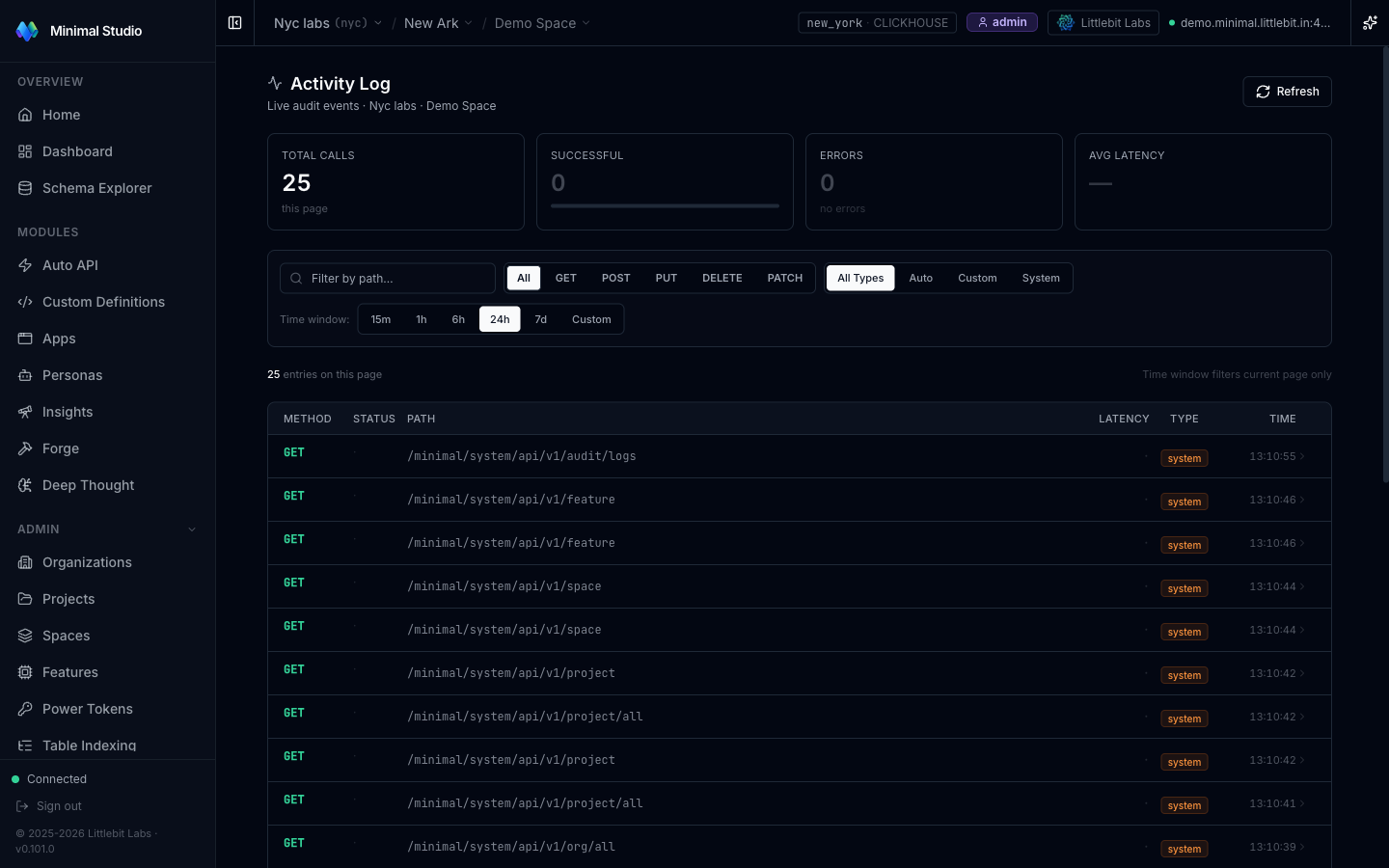 Activity Log — real-time API observability